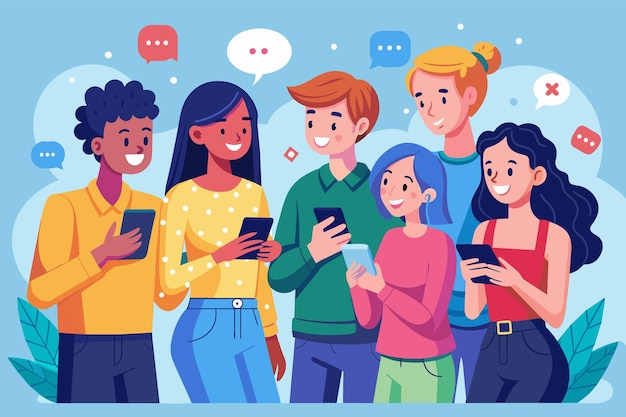 Un grupo de seis amigos sonrientes de apariencia diversa están juntos usando teléfonos inteligentes y participando en las redes sociales