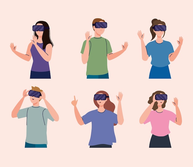 Grupo de seis jóvenes que utilizan dispositivos de tecnología de máscaras virtuales de realidad