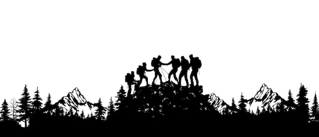 Un grupo de seis personas haciendo senderismo en la montaña ilustración vectorial concepto de silueta de paisaje