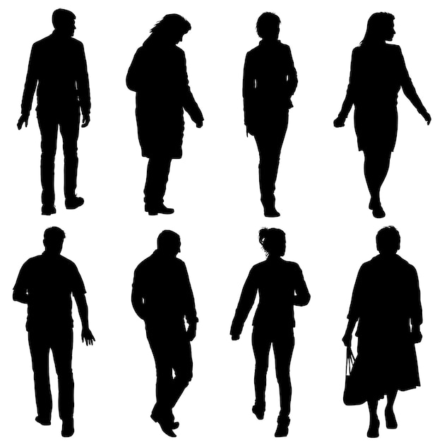 Vector grupo de silueta negra de personas de pie en varias poses