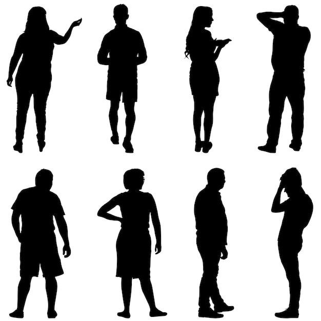 Vector grupo de silueta negra de personas de pie en varias poses