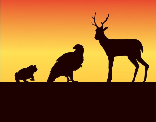 Vector grupo de siluetas de animales salvajes en la ilustración del paisaje al atardecer