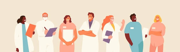Grupo de trabajadores médicos amigables Médicos ordenanzas enfermeras personajes vectoriales