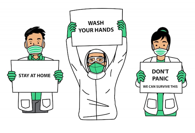 Vector grupo de trabajadores médicos con cartel durante la pandemia