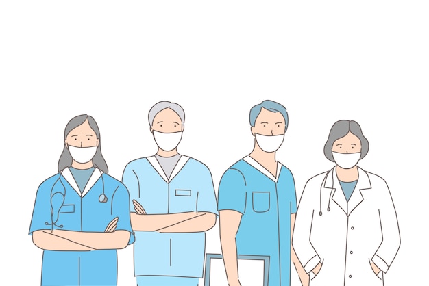 Grupo de trabajadores médicos en máscaras protectoras de pie juntos ilustración de contorno de dibujos animados.