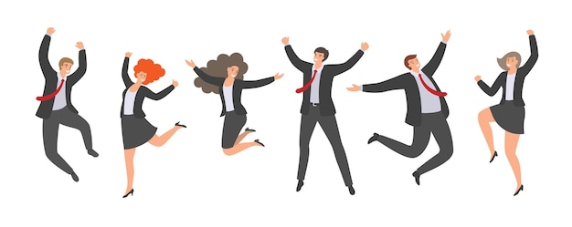 Grupo de trabajadores de oficina saltando felices en estilo plano aislado