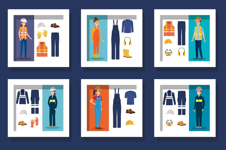 Vector grupo de trabajadores con uniformes y elementos de protección personal.