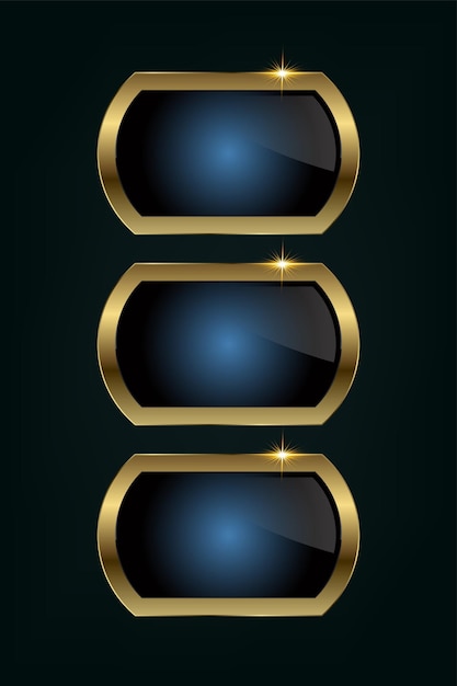 Grupo de tres elegantes rectángulos redondeados con un centro azul negro brillante y un borde dorado que irradia sofisticación y exclusividad vector e ilustración
