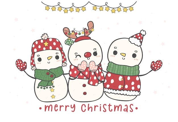 Grupo de tres lindos muñecos de nieve feliz Navidad abrazando vector de dibujo de dibujos animados de doodle de feliz Navidad