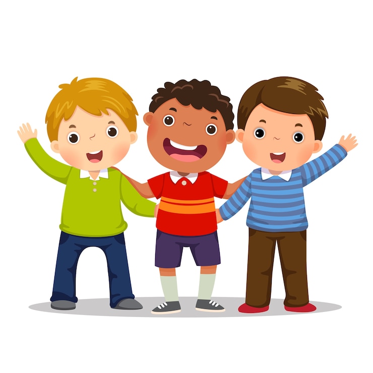 Vector grupo de tres niños felices juntos. concepto de amistad