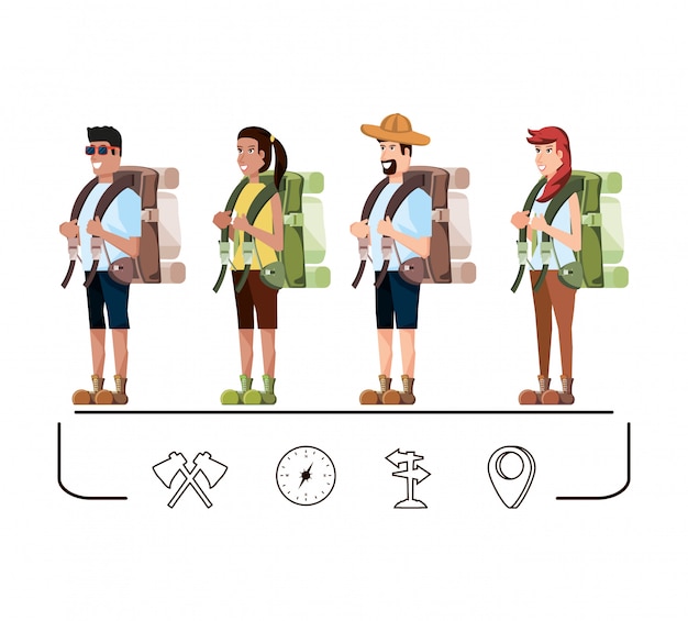 Vector grupo de turistas y establecer iconos