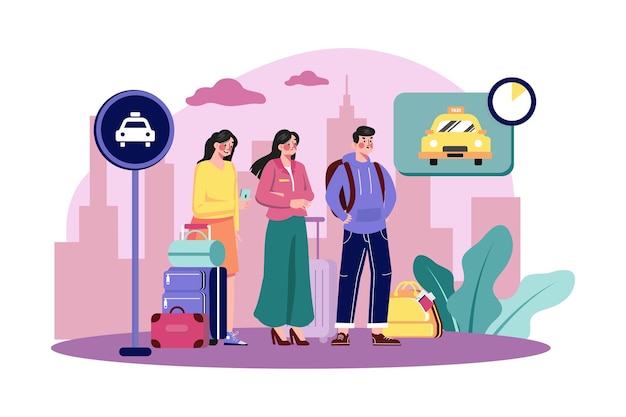 Un grupo de turistas con su equipaje esperando un taxi