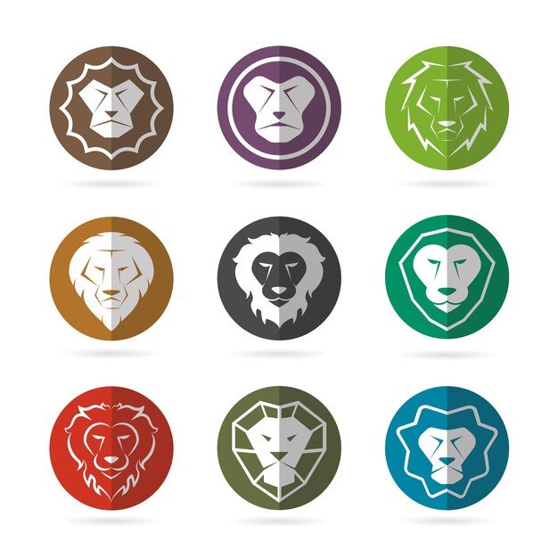 Grupo vectorial de cara de león en el círculo sobre fondo blanco