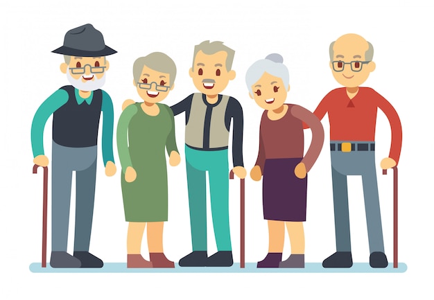 Grupo de viejos personajes de dibujos animados. amigos mayores felices vector illustration