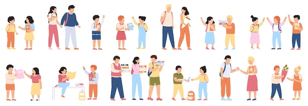 Grupos de alumnos de la escuela. Alumnos de la escuela primaria y estudiantes con mochilas que van a la escuela juntos conjunto de ilustraciones