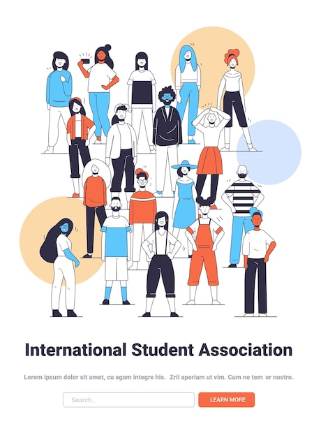 Grupos diversos de estudiantes de pie juntos formas geométricas coloridas estilo de diseño plano moderno trabajo en equipo educación comunitaria multiculturalismo