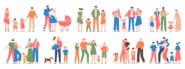 Grupos familiares Amor retratos familiares, familias tradicionales, madre, padre, niños felices, conjunto de ilustración de personajes de diferentes generaciones. Feliz madre padre juntos, colección de retratos