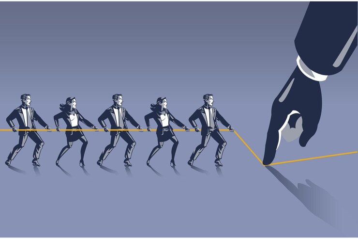 Vector grupos de personas luchan contra mano gigante fuerte