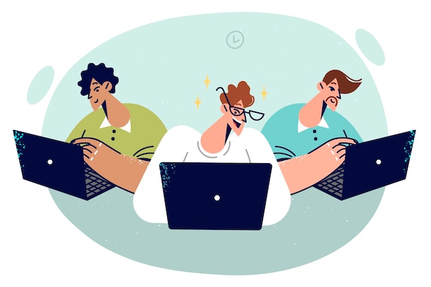 Grupos de personas de negocios están usando portátiles trabajando en un programa complejo participando en un hackathon de equipo