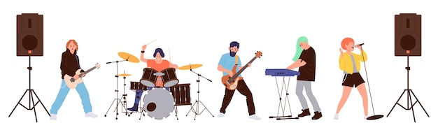 Vector grupos de rock personajes de dibujos animados tocando instrumentos musicales actuando aislados en un fondo blanco