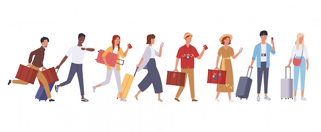 Vector grupos de turistas caminando con equipaje. ilustración en un estilo plano