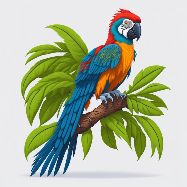 guacamayo de dibujos animados en la rama de un árbol ilustración vectorial fondo blanco