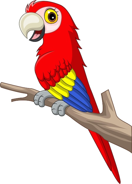 Guacamayo divertido de dibujos animados en la rama de un árbol