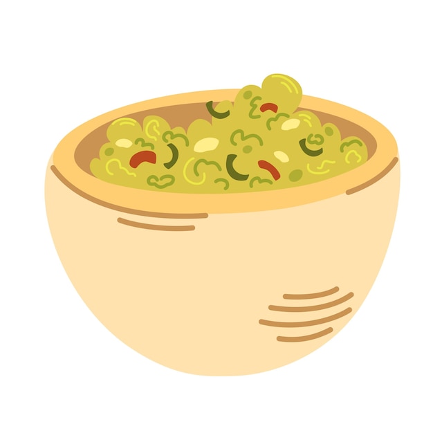 Vector guacamole comida mexicana guacamole con nachos aguacate pimienta lima y especias delicioso bocadillo de comida saludable ilustración de vector de dibujos animados dibujados a mano