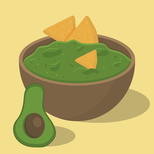 Vector guacamole con patatas fritas y aguacate ilustración sobre el tema de la comida latinoamericana