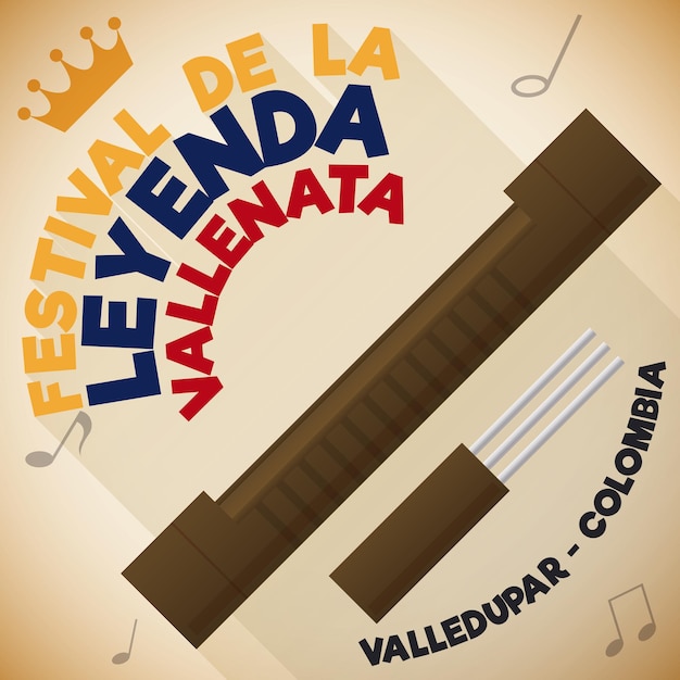 Guacharaca y tenedor con larga sombra decorados con notas musicales para el Festival de la Leyenda de Vallenato