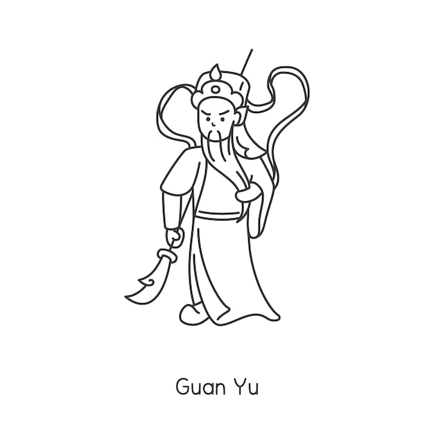 Guan Yu Dios de la fe china kawaii doodle ilustración de vector de dibujos animados plana