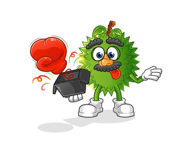 Guante de broma Durian en la caja. mascota de dibujos animados