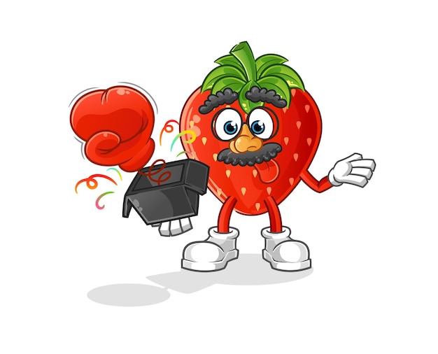 guante de broma de fresa en la caja. mascota de dibujos animados