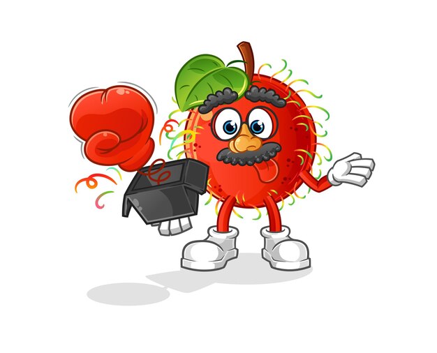 Guante de broma de rambután en la caja. mascota de dibujos animados