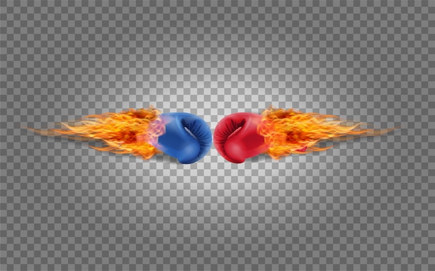 Vector guantes de boxeo rojo y azul en fuego golpeando juntos