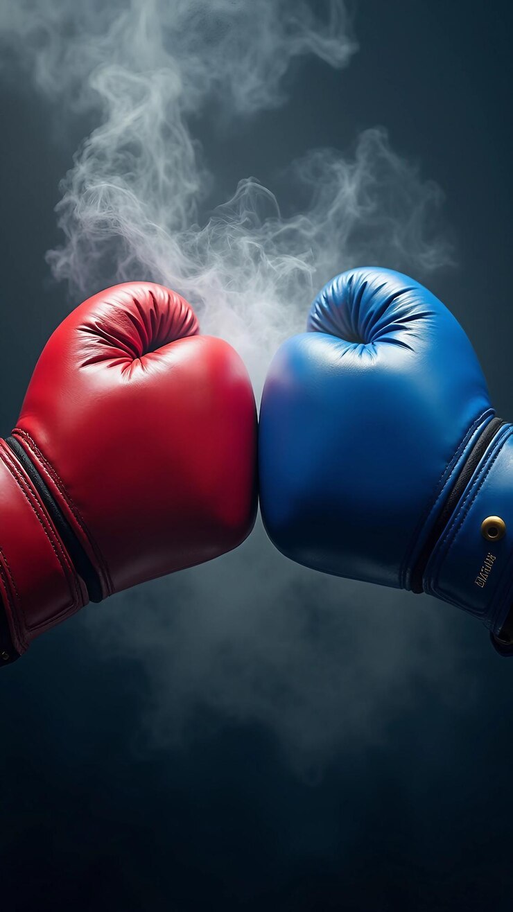 Vector guantes de boxeo rojos y azules chocando