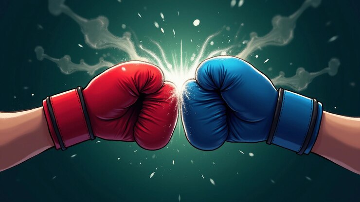 Vector guantes de boxeo rojos y azules chocando