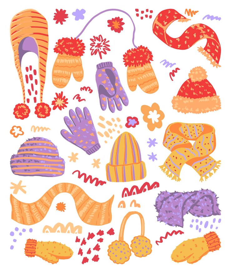 Vector guantes calientes, bufandas, sombreros ilustraciones vectoriales dibujadas a mano plana. colección colorida en estilo escandinavo. conjunto de elementos simples de ropa de invierno acogedor. clip-arts para diseño.