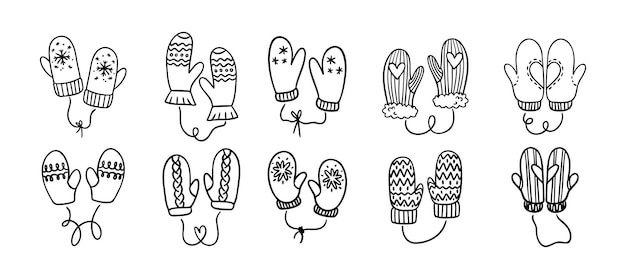 Guantes de invierno dibujados a mano elementos de guantes lindos negros en blanco ilustración vectorial