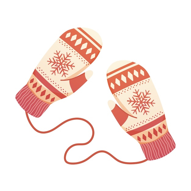 Guantes de punto rojos y blancos con patrón de copos de nieve Guantes de invierno cálidos Elemento aislado vectorial