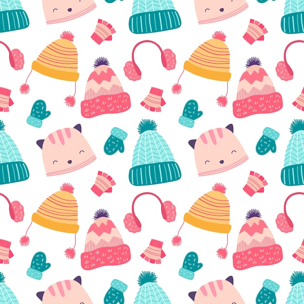 Guantes y sombreros de invierno de patrones sin fisuras. Fondo de dibujos animados para envases, telas, papeles pintados, textiles.