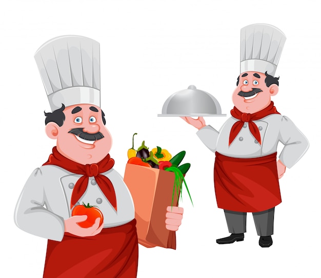 Guapo chef personaje de dibujos animados. cocinero alegre