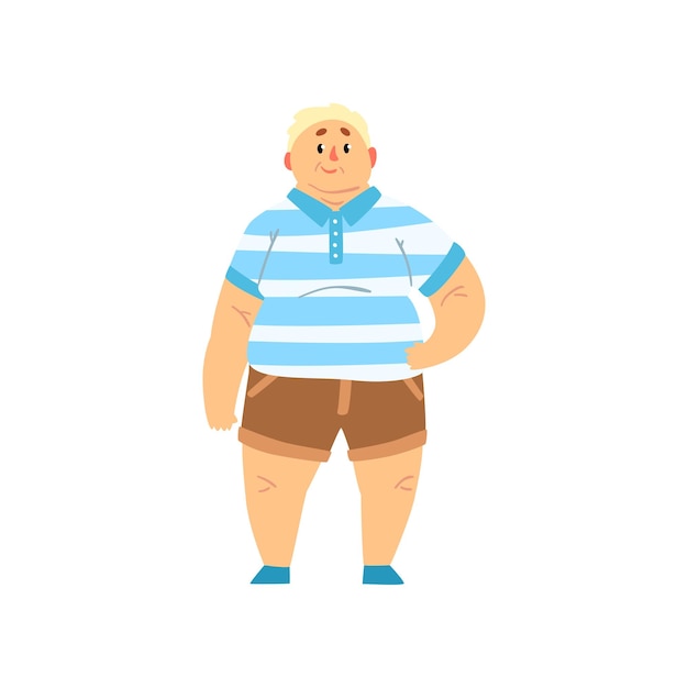 Guapo hombre con sobrepeso vestido con pantalones cortos y camisa a rayas gordo en cuerpo de ropa de moda