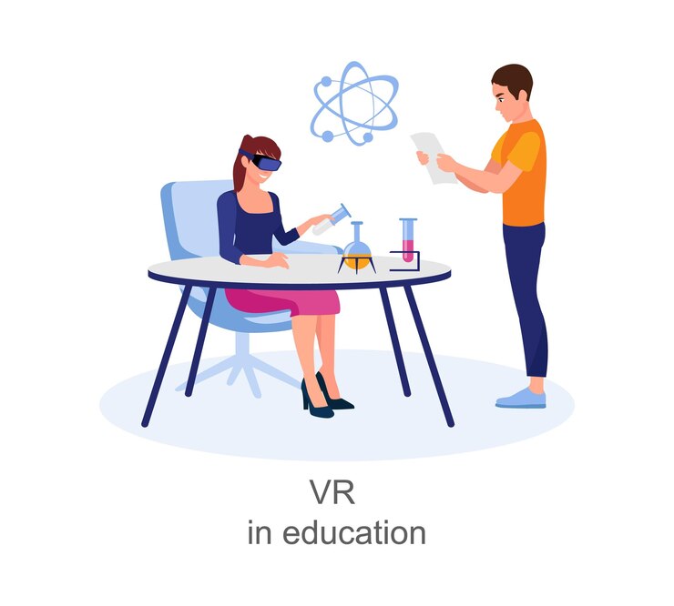 Vector guapos colegas de dibujos animados usan gafas de realidad virtual en ciencia y educación proceso de experimentar simulación de realidad virtual uso de realidad aumentada vector