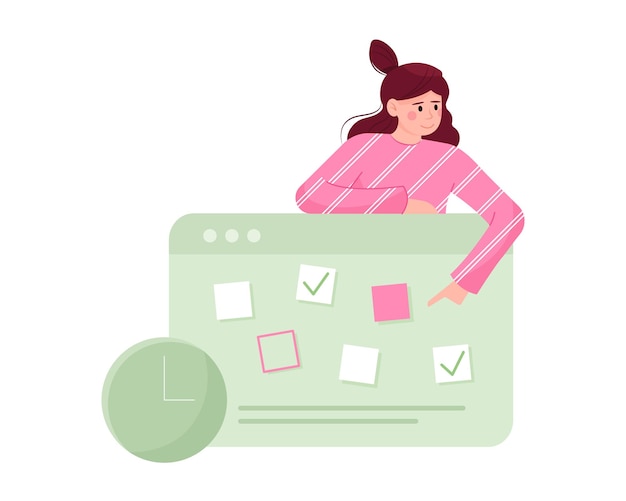 Guapos personajes de mujer pelirroja organizando su tiempo Proceso de gestión del horario de trabajo Estrategia de gestión del tiempo Productividad y eficiencia Ilustración vectorial sobre fondo blanco