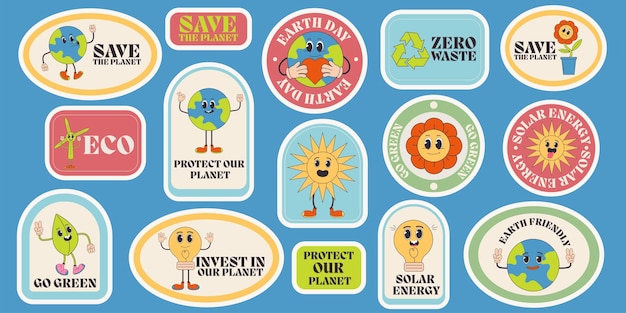 Guardar el conjunto de etiquetas adhesivas del planeta estilo groovy día de la tierra divertido personaje de la tierra y mascota concepción ecológica