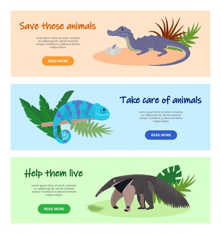 Vector guardar ilustración de animales salvajes desapareciendo. conjunto de banners de diseño de páginas web. protección de la naturaleza, la vida silvestre, la fauna. oso hormiguero, cocodrilo, animales camaleones.