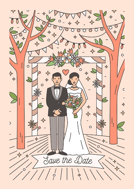 Guardar la tarjeta de fecha con la feliz pareja de recién casados