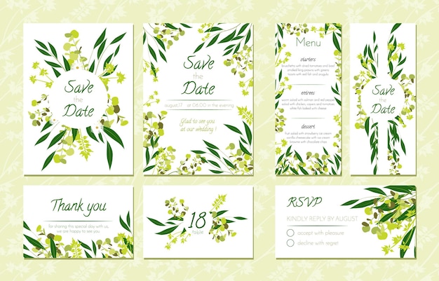 Guarde la colección de tarjetas de fecha con hojas de eucalipto y elementos florales.