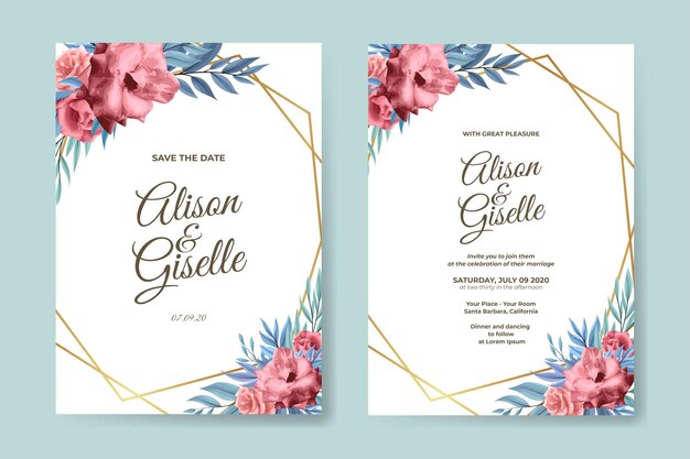 Guarde la fecha elegante plantilla de tarjeta de invitación de boda de flores con hermosa rosa